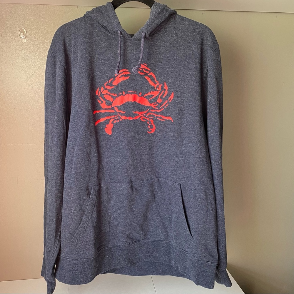 J. Crew Men's Heather Navy Hoodie with Red Crab Graphic Size XL